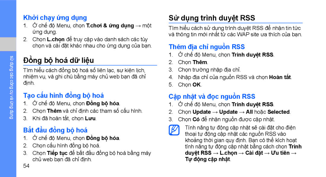 Samsung GT-S3653KKWXEV, GT-S3653CWWXXV, GT-S3653TIWXXV, GT-S3653FOWXEV manual Đồng bộ hoá dữ liệu, Sử dụng trình duyệt RSS 