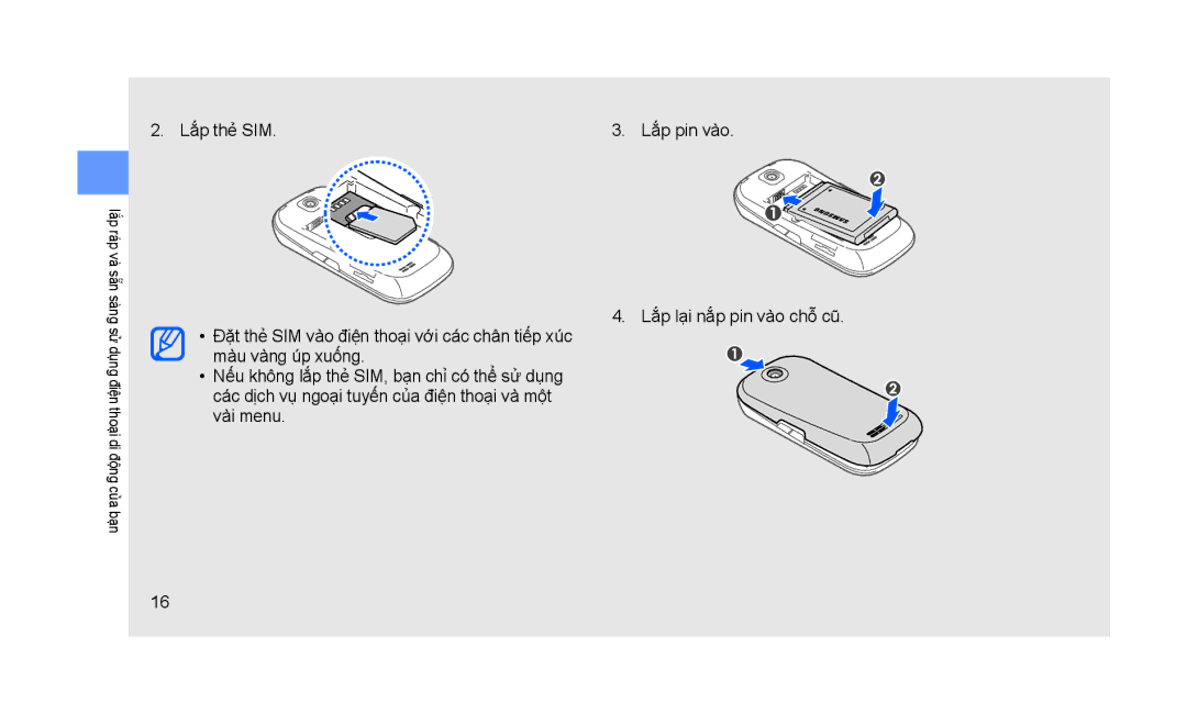 Samsung GT-S3653TIWXEV, GT-S3653KKAXXV, GT-S3653CWAXEV manual Lắp ráp và sẵn sàng sử dụng điện thoại di động của bạn 