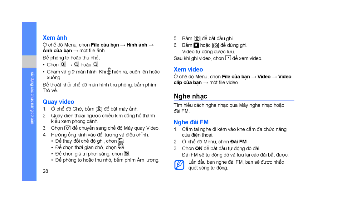 Samsung GT-S3653KKAXXV, GT-S3653CWAXEV, GT-S3653CWWXXV manual Nghe nhạc, Xem ảnh, Quay video, Xem video, Nghe đài FM 