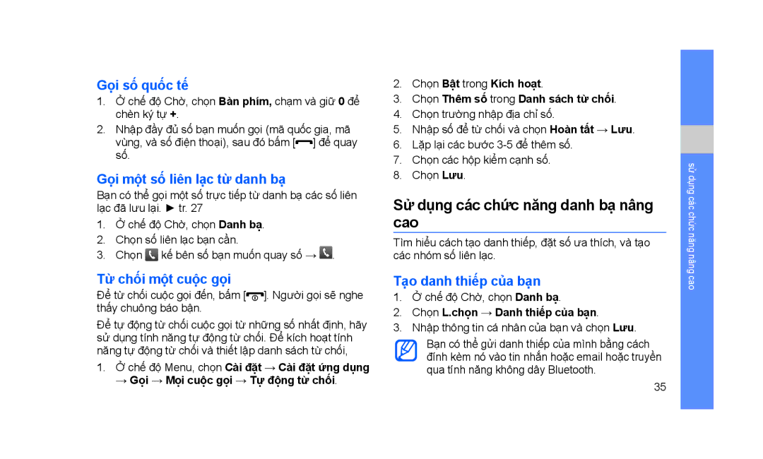 Samsung GT-S3653FOWXEV manual Sử dụng các chức năng danh bạ nâng cao, Gọi số quốc tế, Gọi một số liên lạc từ danh bạ 