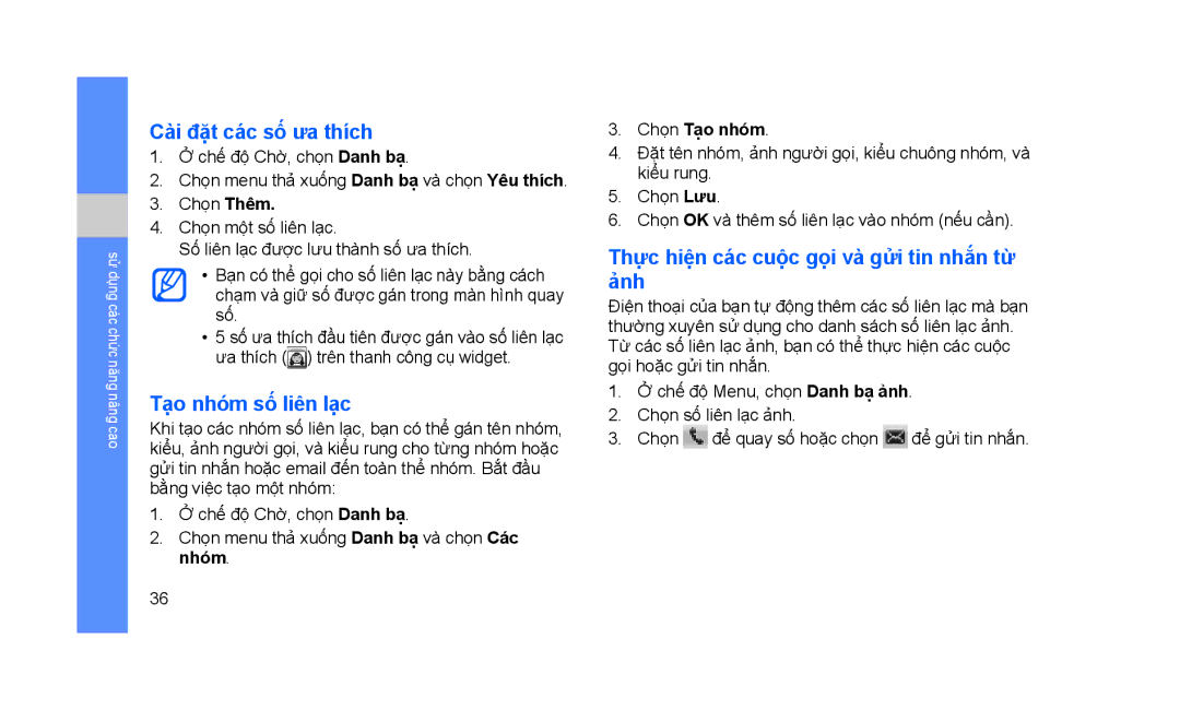 Samsung GT-S3653TIAXEV manual Cài đặt các số ưa thích, Tạo nhóm số liên lạc, Thực hiện các cuộc gọi và gửi tin nhắn từ ảnh 