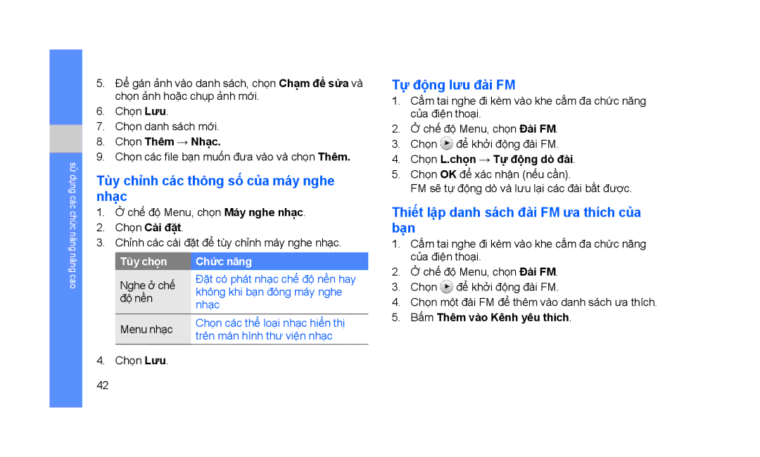Samsung GT-S3653CYAXXV, GT-S3653KKAXXV, GT-S3653CWAXEV manual Tùy chỉnh các thông số của máy nghe nhạc, Tự động lưu đài FM 