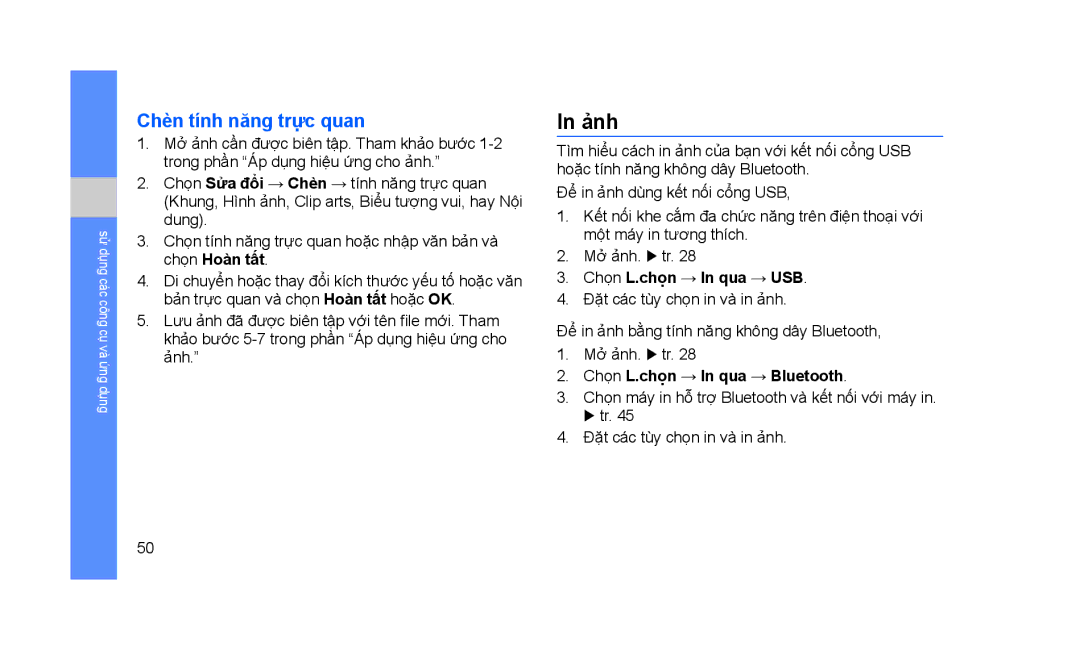 Samsung GT-S3653CWAXXV manual Ảnh, Chèn tính năng trực quan, Chọn L.chọn → In qua → USB, Chọn L.chọn → In qua → Bluetooth 