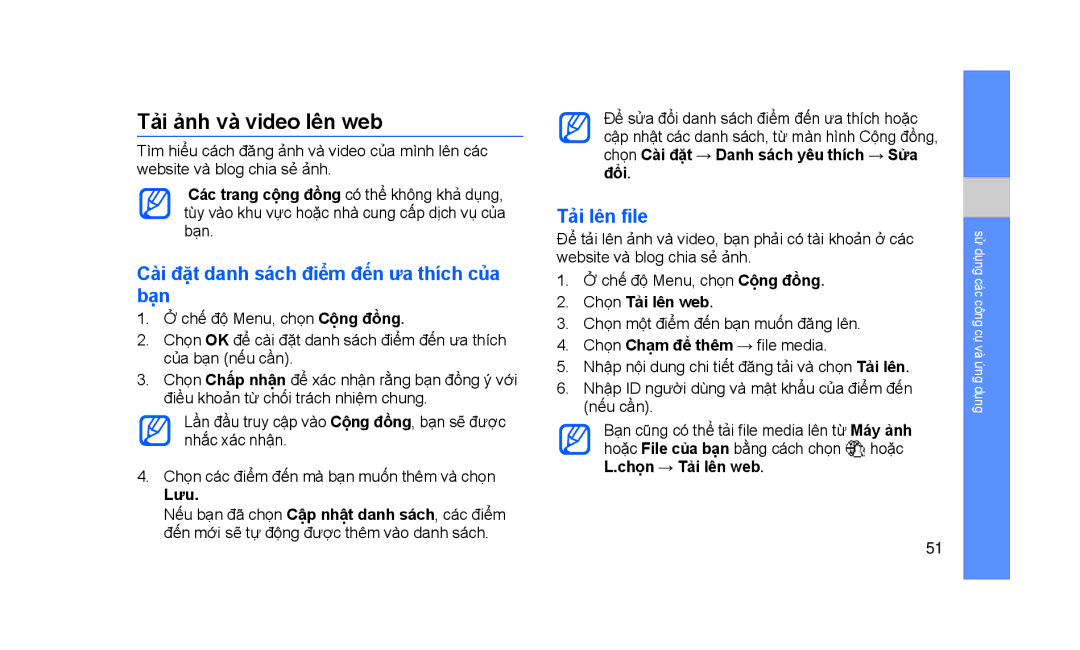 Samsung GT-S3653ENWXEV manual Tải ảnh và video lên web, Cài đặt danh sách điểm đến ưa thích của bạn, Tải lên file, Lưu 