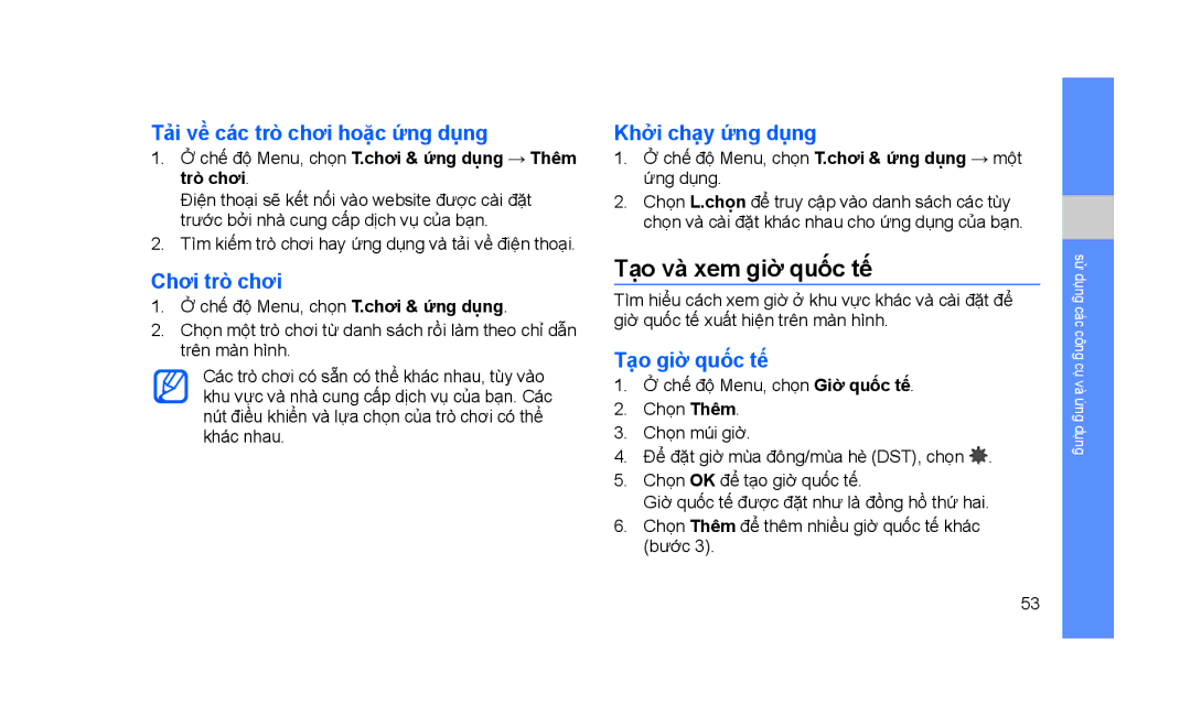 Samsung GT-S3653HBAXEV manual Tạo và xem giờ quốc tế, Tải về các trò chơi hoặc ứng dụng, Chơi trò chơi, Khởi chạy ứng dụng 