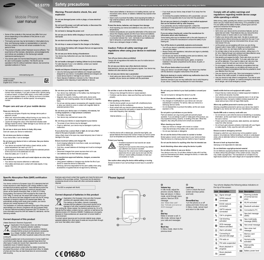 Samsung GT-S3770YKATUR, GT-S3770SWATUR, GT-S3770YKADBT, GT-S3770YKAOMN, GT-S3770SWAOMN, GT-S3770SWAHUI manual Phone layout 