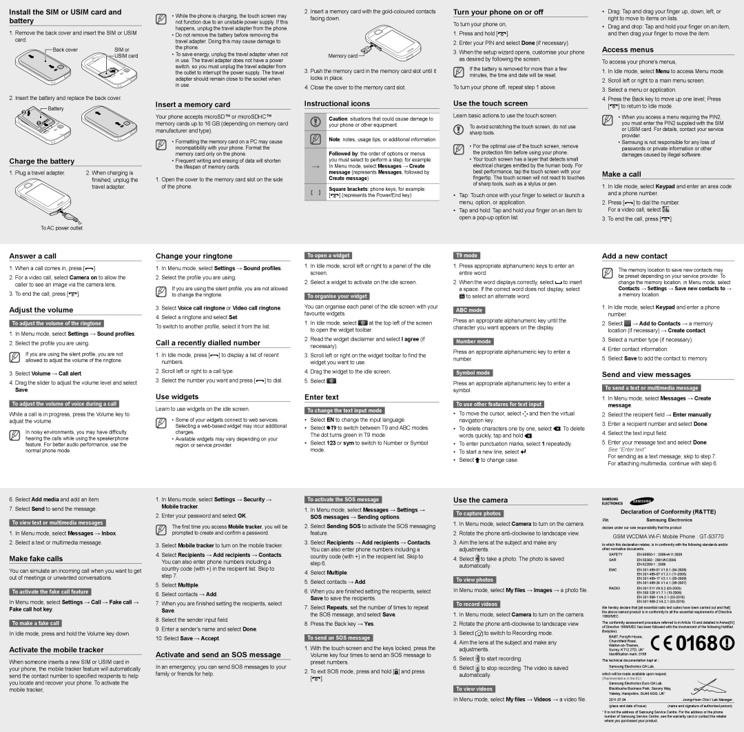 Samsung GT-S3770YKADBT Install the SIM or Usim card and battery, Charge the battery, Insert a memory card, Access menus 