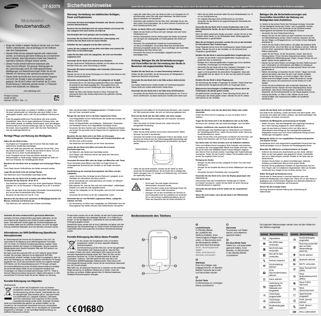 Samsung GT-S3770YKATUR, GT-S3770SWATUR, GT-S3770YKADBT manual Bedienelemente des Telefons 