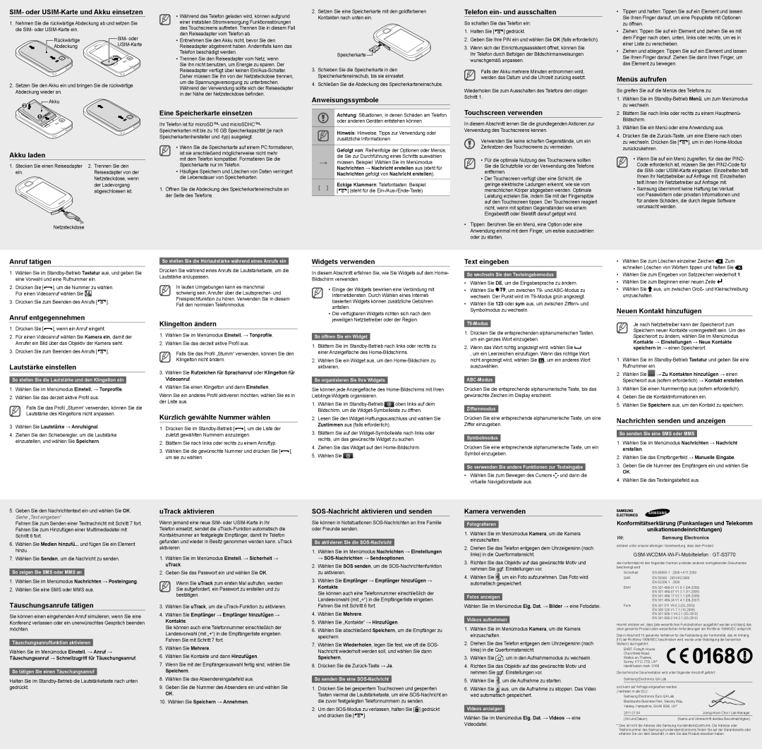 Samsung GT-S3770YKADBT SIM- oder USIM-Karte und Akku einsetzen, Akku laden, Eine Speicherkarte einsetzen, Menüs aufrufen 