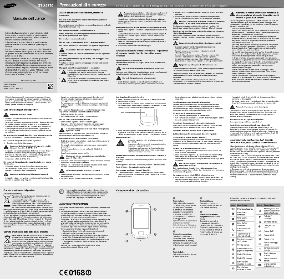 Samsung GT-S3770SWAOMN, GT-S3770YKAOMN, GT-S3770SWAHUI, GT-S3770HSAWIN, GT-S3770HSAOMN manual Componenti del dispositivo 