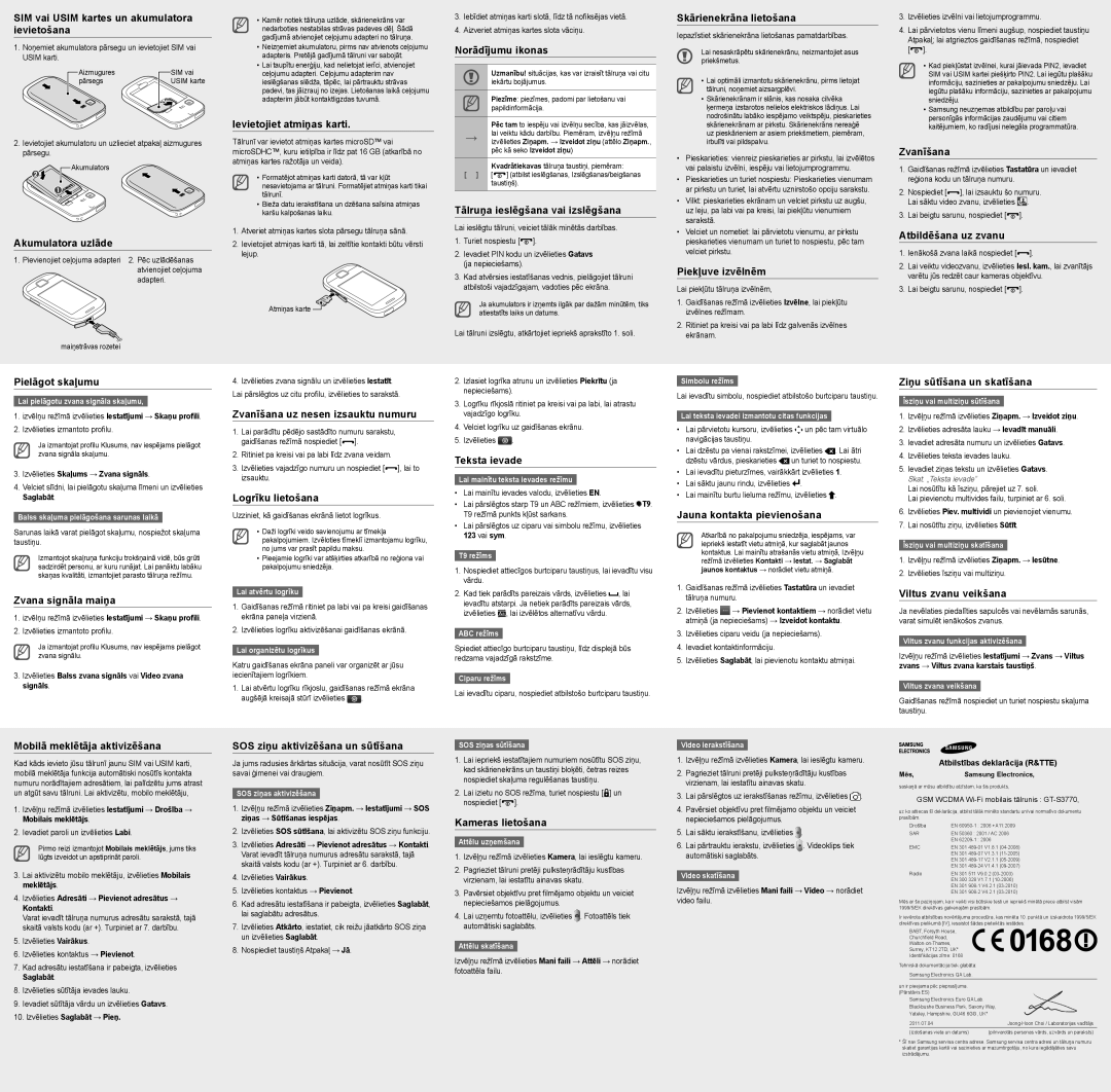 Samsung GT-S3770YKASEB manual SIM vai Usim kartes un akumulatora ievietošana, Akumulatora uzlāde, Ievietojiet atmiņas karti 