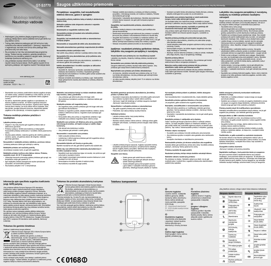 Samsung GT-S3770YKASEB manual Telefono komponentai 