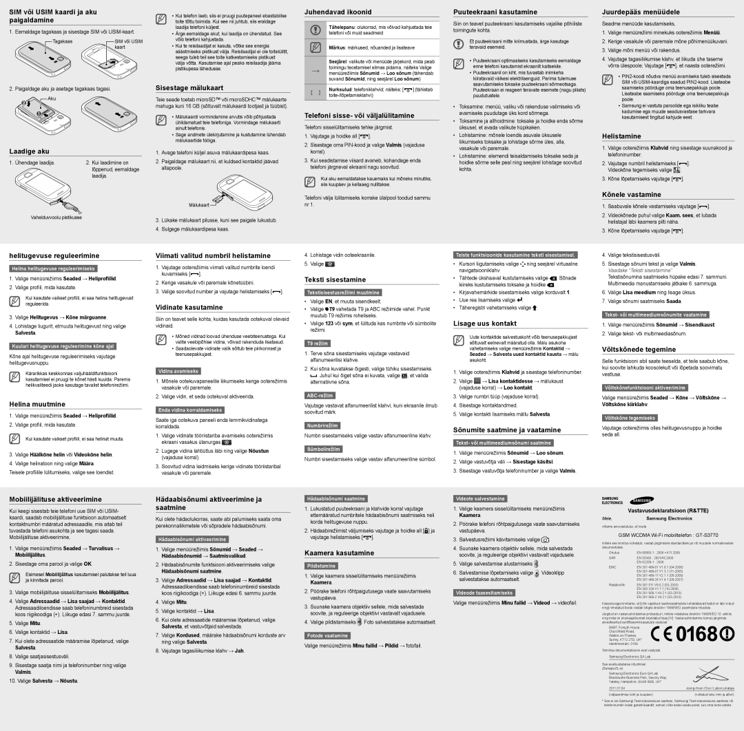 Samsung GT-S3770YKASEB SIM või Usim kaardi ja aku, Paigaldamine, Juhendavad ikoonid, Puuteekraani kasutamine, Laadige aku 