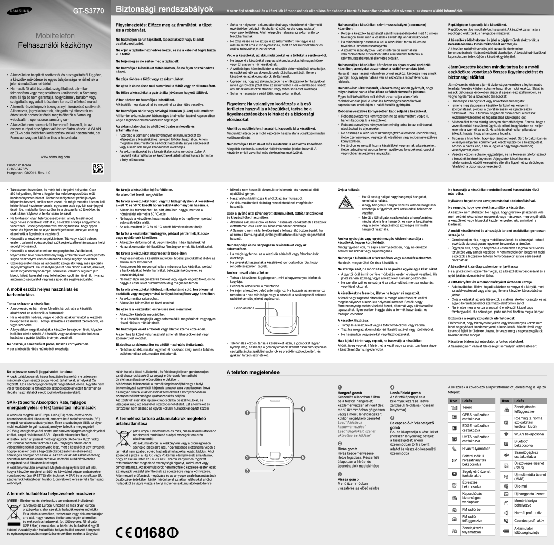 Samsung GT-S3770YKAXEH manual Telefon megjelenése 