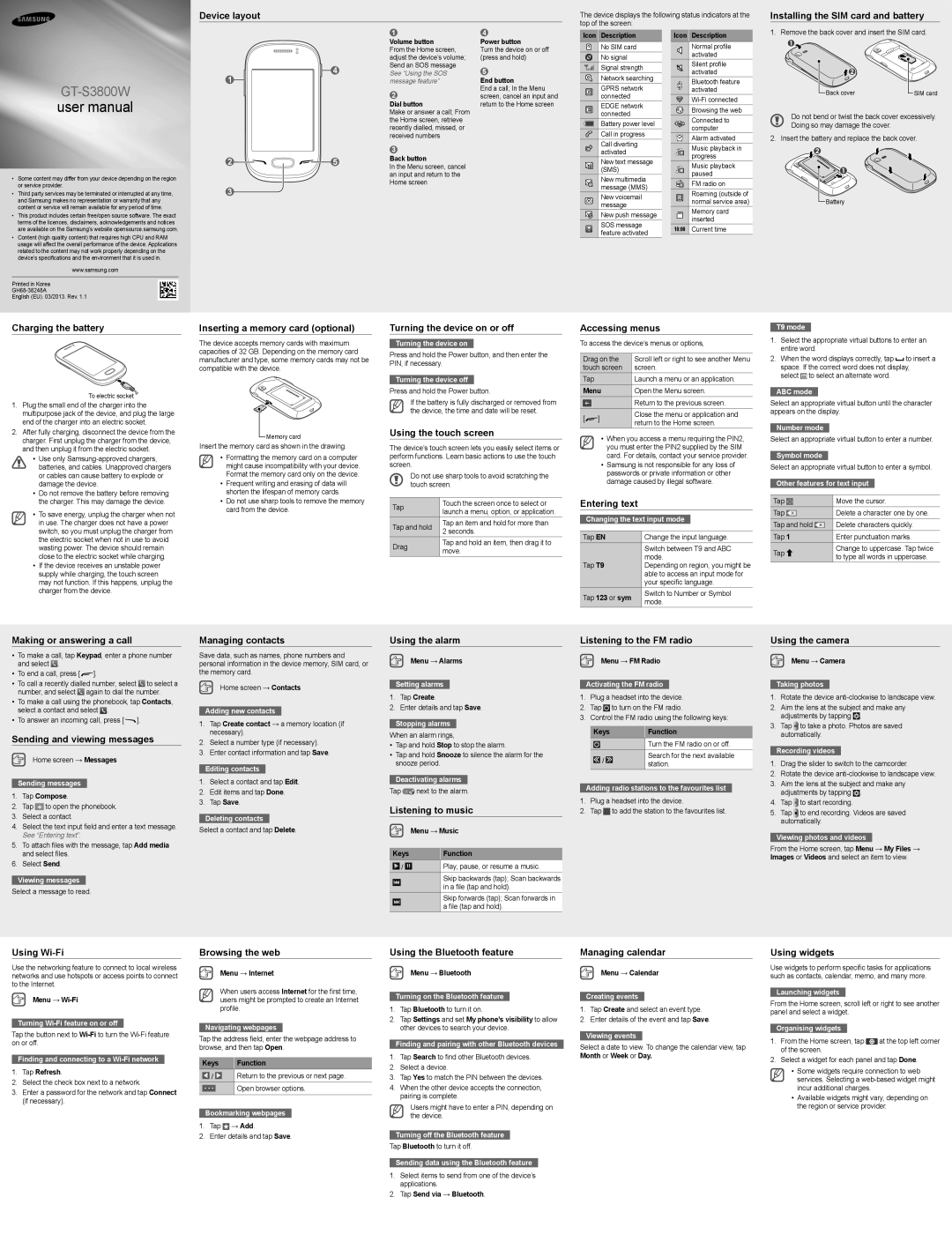 Samsung GT-S3800MBWVD2 manual Device layout, Installing the SIM card and battery, Charging the battery, Accessing menus 