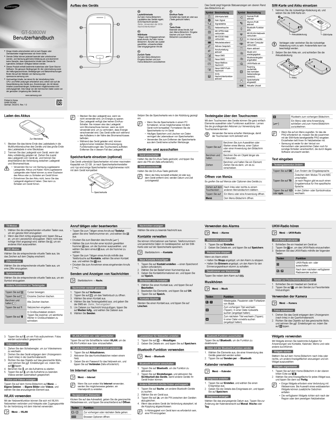 Samsung GT-S3800MBWVD2 manual Aufbau des Geräts, SIM-Karte und Akku einsetzen, Laden des Akkus, Gerät ein- und ausschalten 