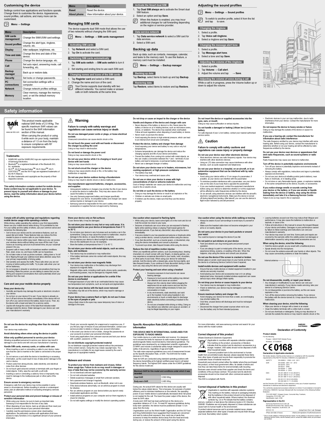 Samsung GT-S3802MRWSER manual Customising the device, Managing SIM cards, Backing up data, Adjusting the sound profiles 