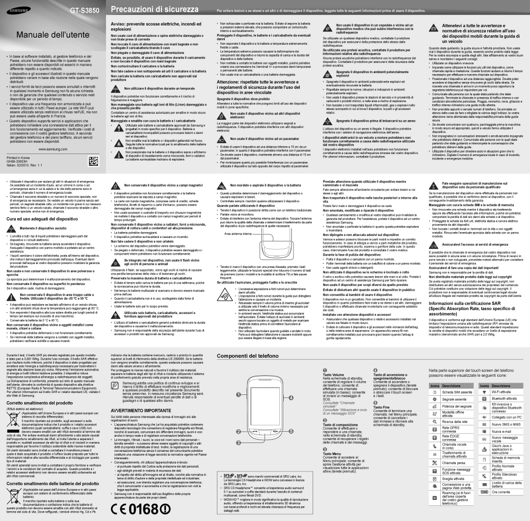 Samsung GT-S3850CWSCIT, GT-S3850CWACIT, GT-S3850FYSCIT, GT-S3850CIACIT, GT-S3850CWAXET manual Componenti del telefono 