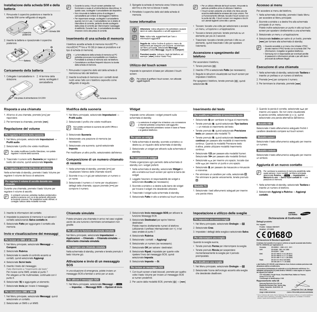 Samsung GT-S3850FYSCIT Installazione della scheda SIM e della batteria, Caricamento della batteria, Icone informative 