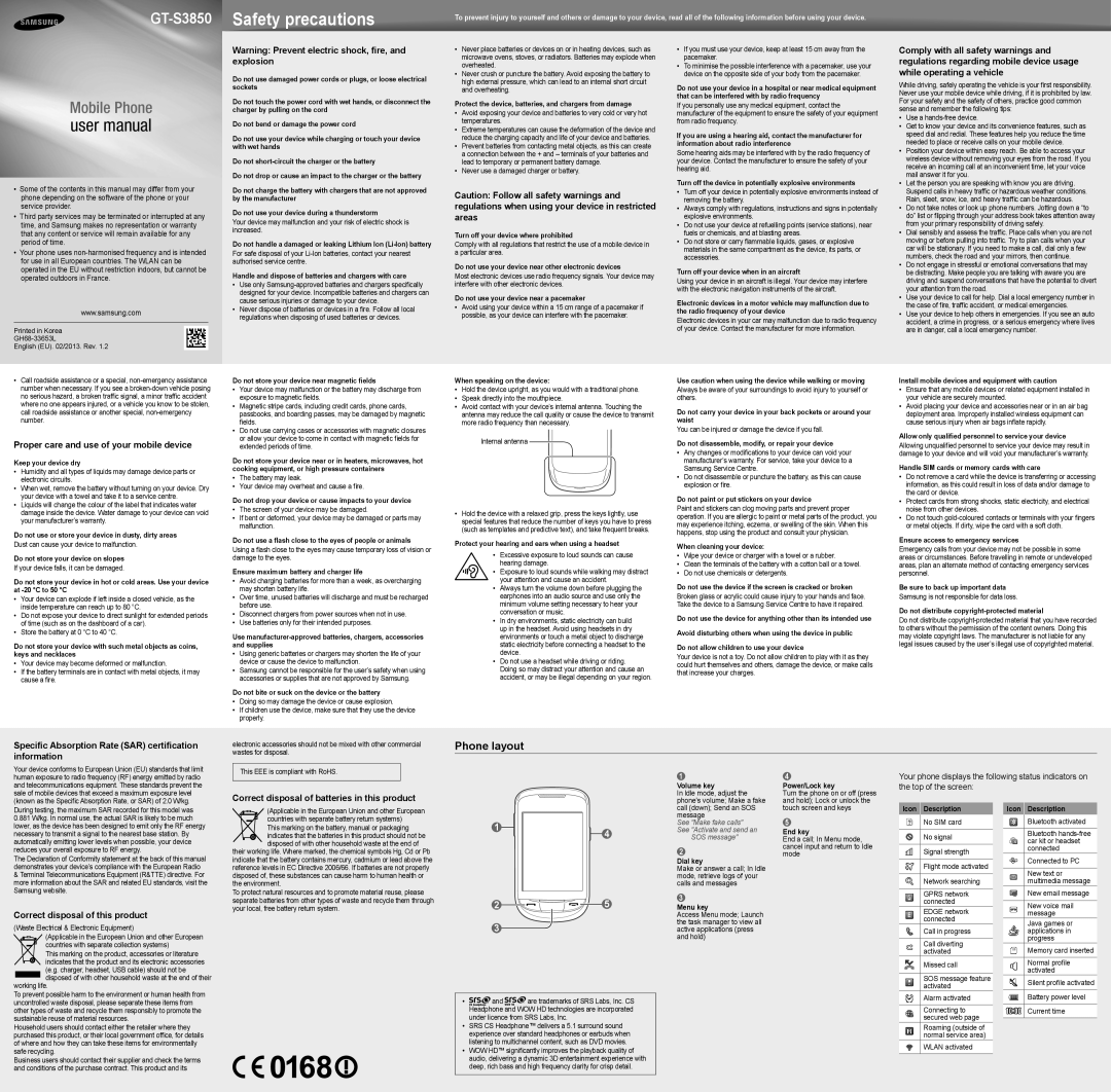 Samsung GT-S3850CISTUR, GT-S3850CWSDBT, GT-S3850SASTUR, GT-S3850FYSEPR, GT-S3850FYSDBT, GT-S3850CWSTUR manual Phone layout 