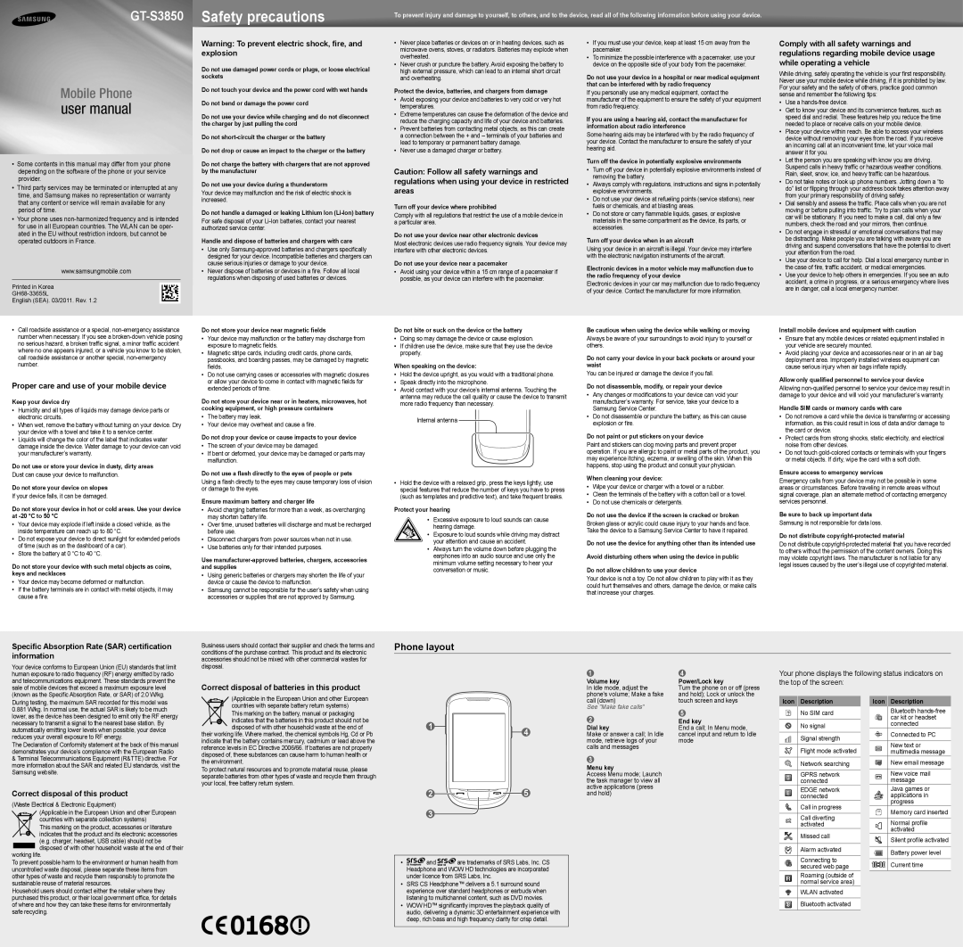 Samsung GT-S3850FYAKSA, GT-S3850DKSTMC, GT-S3850FYATUN, GT-S3850SAAXSG, GT-S3850FYAMID, GT-S3850SAAECT manual Phone layout 