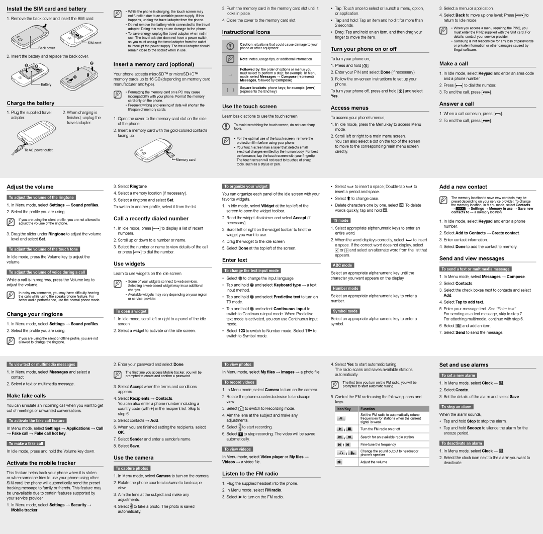 Samsung GT-S3850FYATUN manual Install the SIM card and battery, Charge the battery, Adjust the volume, Change your ringtone 