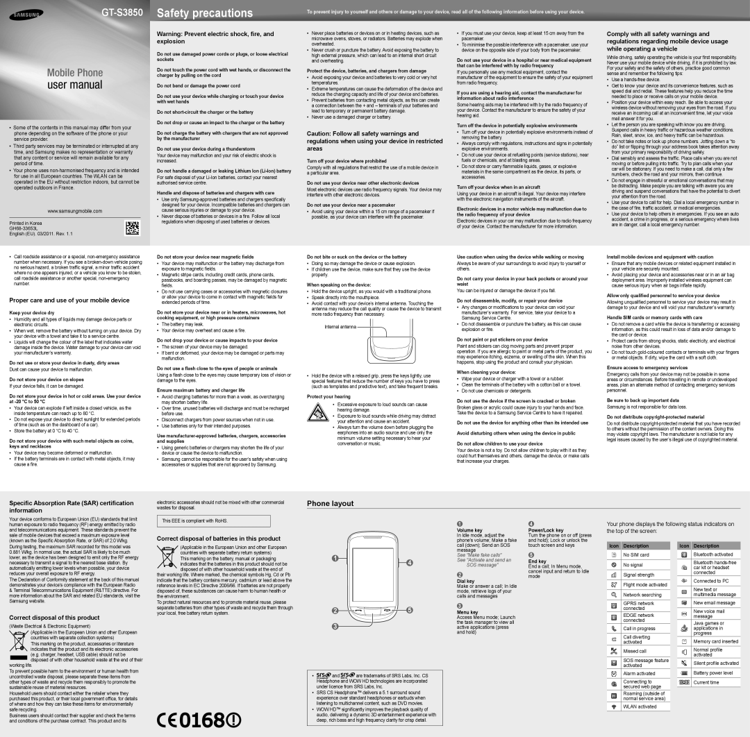 Samsung GT-S3850FYAKSA, GT-S3850DKSTMC, GT-S3850FYATUN, GT-S3850SAAXSG, GT-S3850FYAMID, GT-S3850SAAECT manual Phone layout 