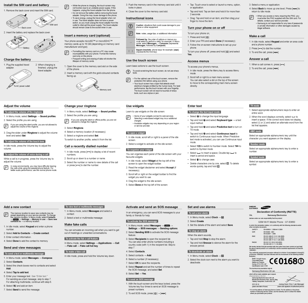 Samsung GT-S3850FYATUN Install the SIM card and battery, Charge the battery, Insert a memory card optional, Access menus 
