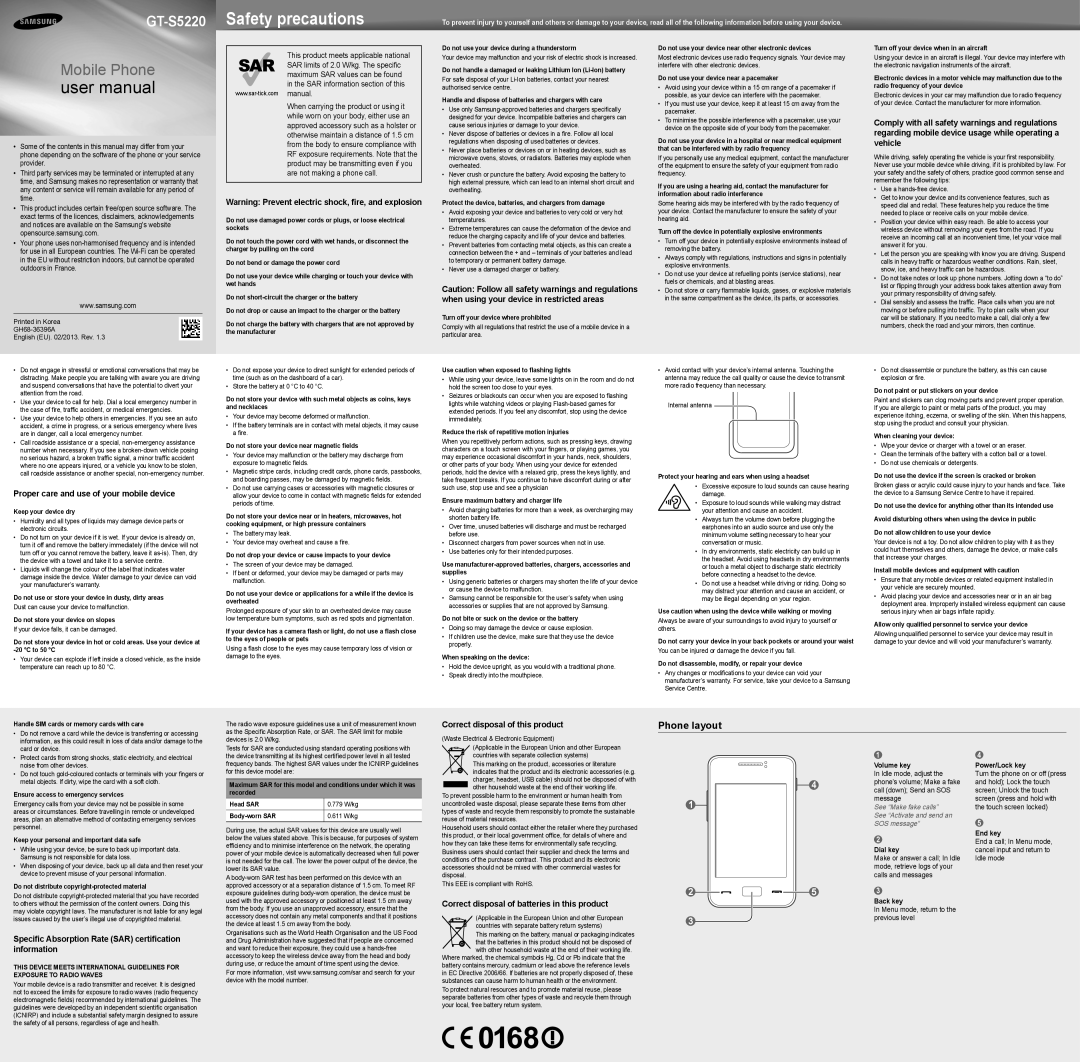 Samsung GT-S5220IBRDBT, GT-S5220ZWRTUR, GT-S5220XKATUR, GT-S5220XKADBT, GT-S5220MRRDBT, GT-S5220IBRTPH manual Phone layout 