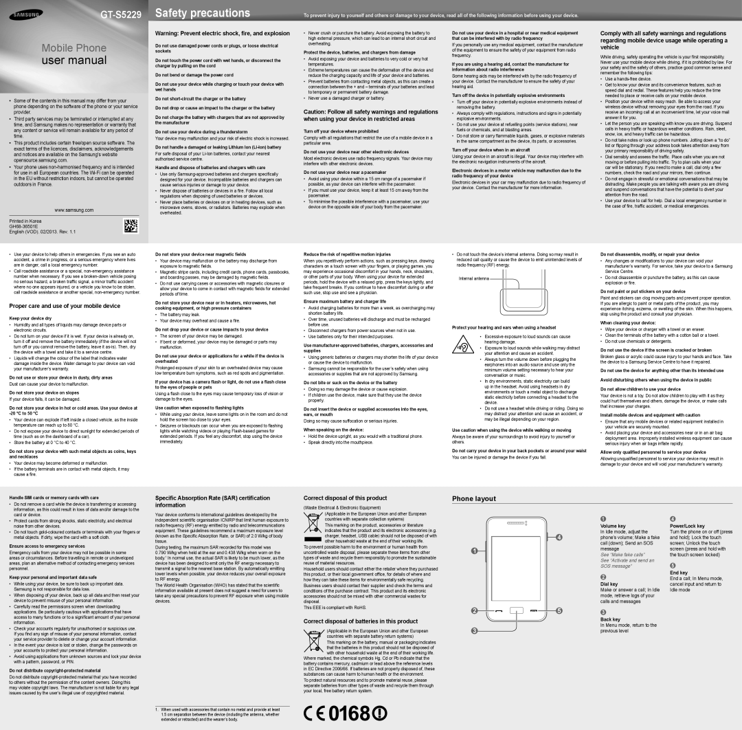 Samsung GT-S5229XKATCL, GT-S5229UWAVDR, GT-S5229XKAVDR, GT-S5229XKAVD2, GT2S5229UWAVD2, GT-S5229UWAVD2 manual Phone layout 