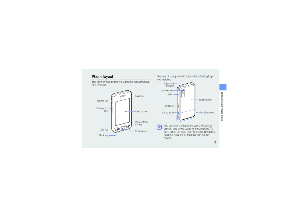 Samsung GT-S5230OWWCIT, GT-S5230DIWCIT manual Phone layout, Rear of your phone includes the following keys and features 