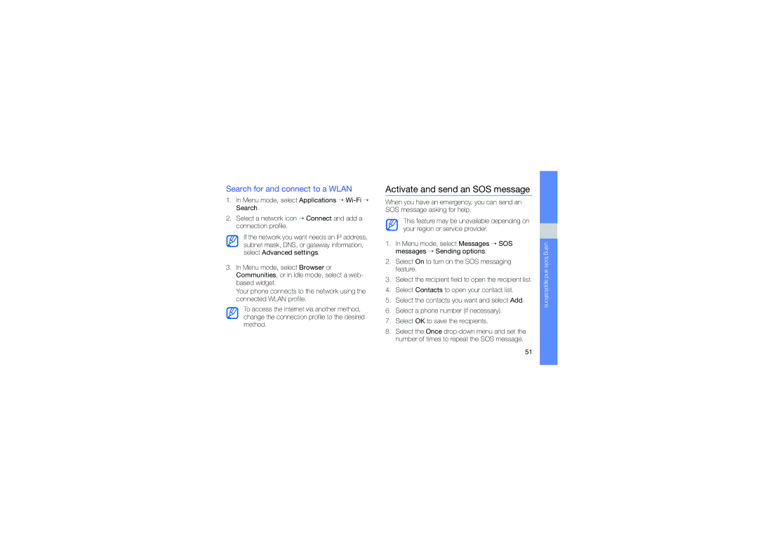 Samsung GT-S5230LKWAMN, GT-S5230DIWCIT, GT-S5230OWWCIT Activate and send an SOS message, Search for and connect to a Wlan 