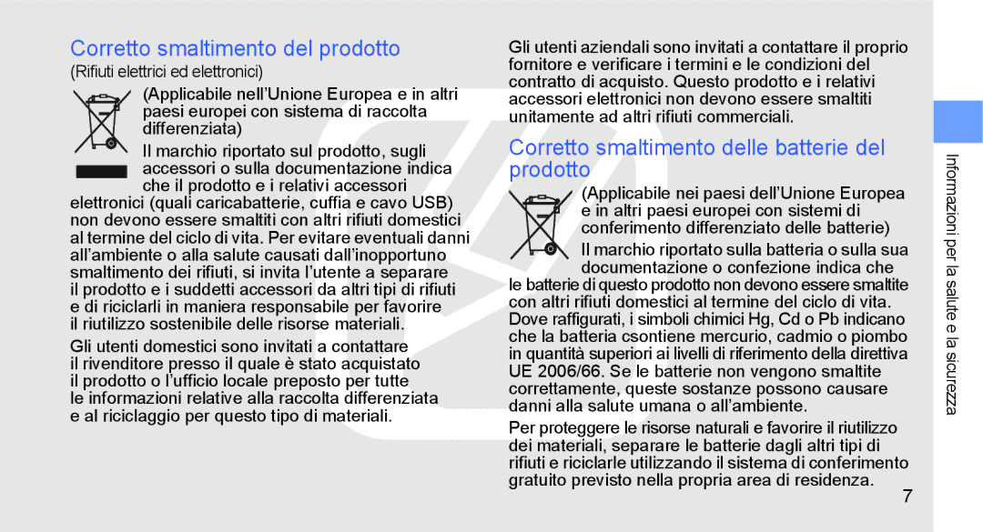 Samsung GT-S5230OWWCIT, GT-S5230DIWCIT Corretto smaltimento del prodotto, Corretto smaltimento delle batterie del prodotto 