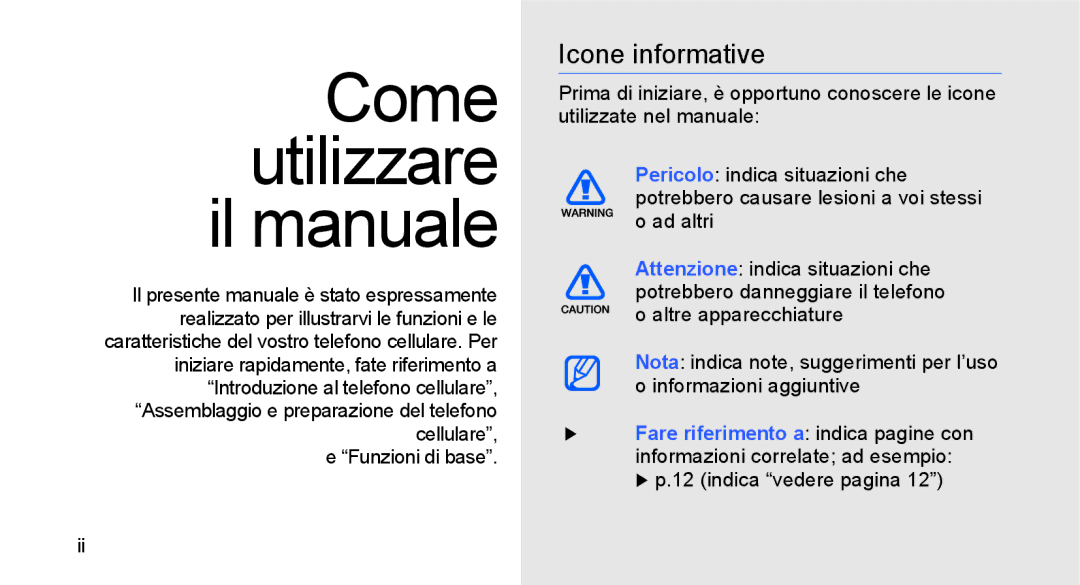 Samsung GT-S5230LKWCIT, GT-S5230DIWCIT, GT-S5230OWWCIT Come utilizzare il manuale, Icone informative 