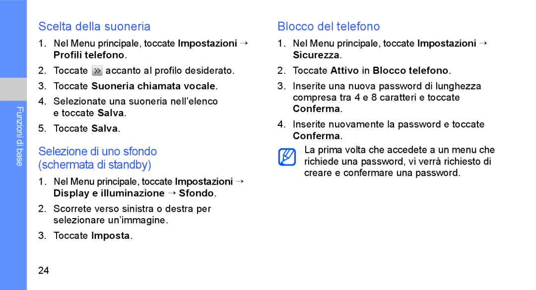 Samsung GT-S5230DIWCIT, GT-S5230OWWCIT Scelta della suoneria, Blocco del telefono, Toccate accanto al profilo desiderato 