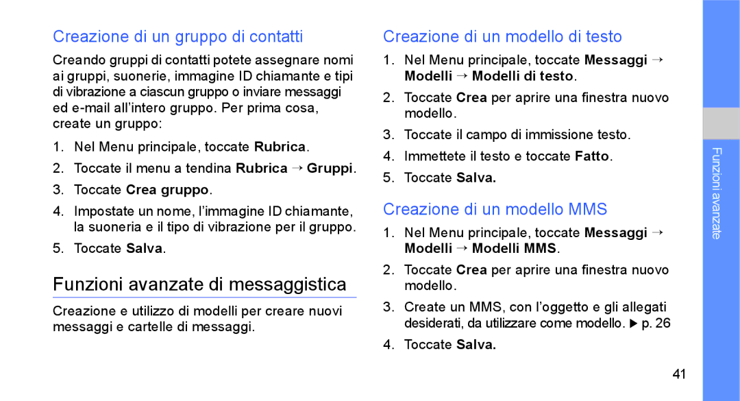 Samsung GT-S5230LKWCIT Funzioni avanzate di messaggistica, Creazione di un gruppo di contatti, Creazione di un modello MMS 