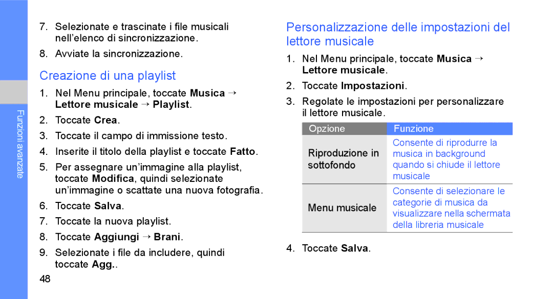 Samsung GT-S5230DIWCIT manual Creazione di una playlist, Personalizzazione delle impostazioni del lettore musicale 