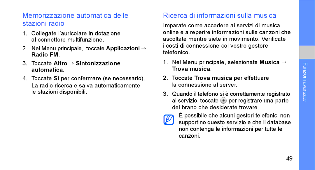 Samsung GT-S5230OWWCIT manual Memorizzazione automatica delle stazioni radio, Ricerca di informazioni sulla musica 