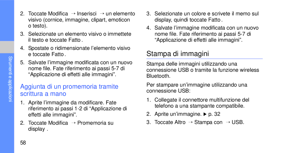 Samsung GT-S5230OWWCIT Stampa di immagini, Aggiunta di un promemoria tramite scrittura a mano, Aprite un’immagine. X p 