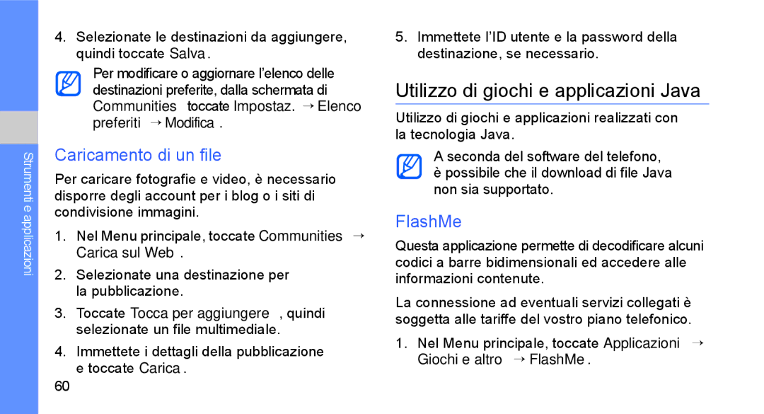 Samsung GT-S5230DIWCIT, GT-S5230OWWCIT manual Utilizzo di giochi e applicazioni Java, Caricamento di un file, FlashMe 