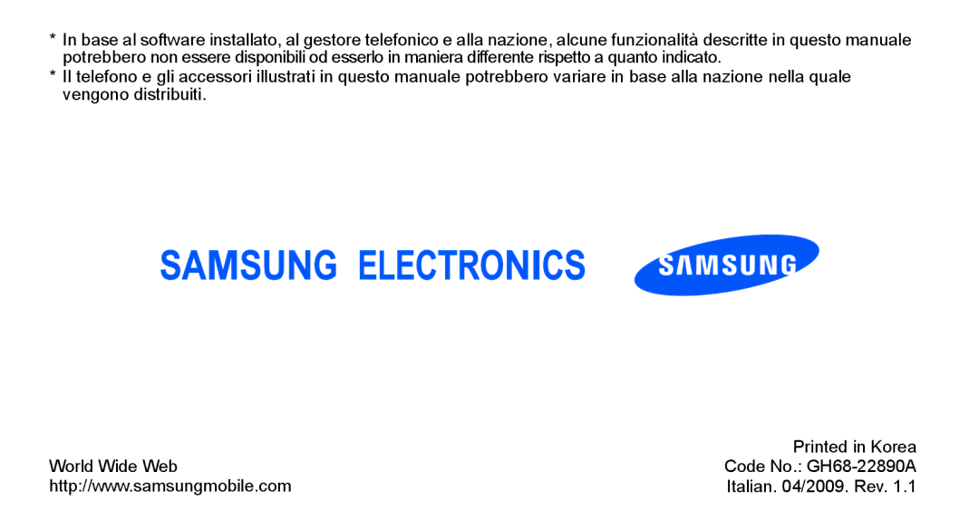 Samsung GT-S5230LKWCIT, GT-S5230DIWCIT, GT-S5230OWWCIT manual Italian /2009. Rev 