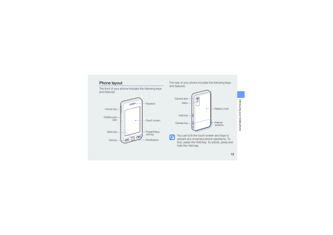 Samsung GT-S5230OWNFTM, GT-S5230LKNDBT manual Phone layout, Rear of your phone includes the following keys and features 