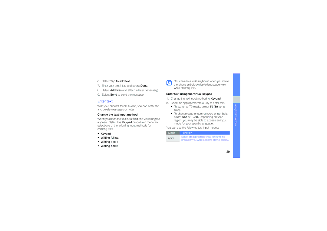 Samsung GT-S5230LKNDBT, GT-S5230LKNSFR, GT-S5230LKNNRJ Enter text, You can use the following text input modes, Writing box 