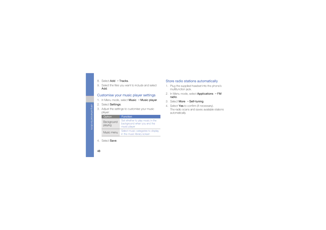Samsung GT-S5230OWNFTM, GT-S5230LKNDBT manual Customise your music player settings, Store radio stations automatically 