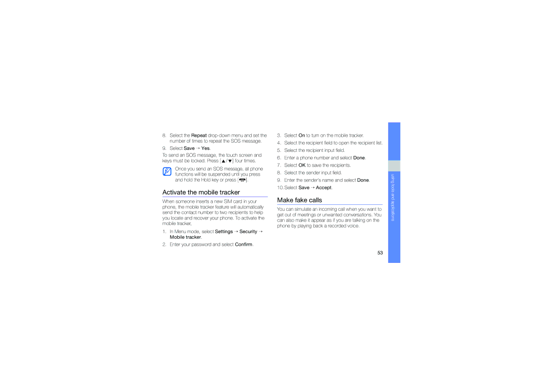 Samsung GT-S5230LKNFTM, GT-S5230LKNDBT, GT-S5230LKNSFR manual Activate the mobile tracker, Make fake calls, Select Save → Yes 
