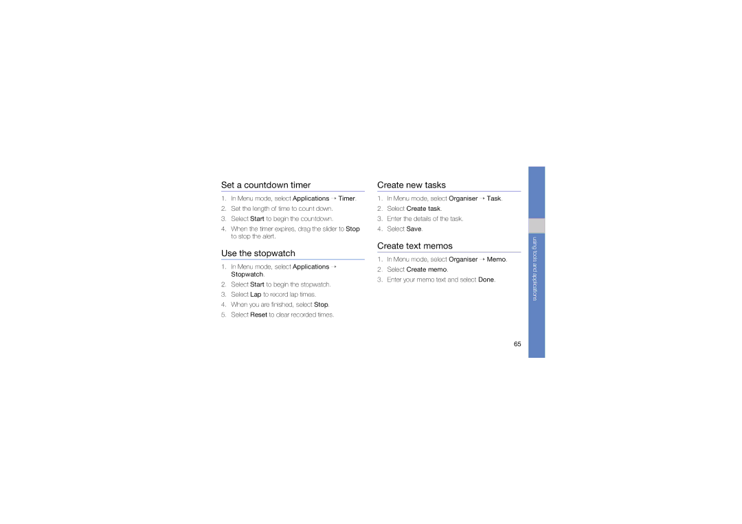 Samsung GT-S5230LKNSFR, GT-S5230LKNDBT manual Set a countdown timer, Use the stopwatch, Create new tasks, Create text memos 