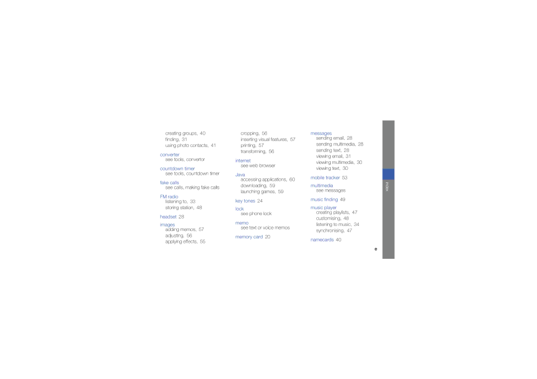 Samsung GT-S5230LKNDBT Creating groups, 40 finding Using photo contacts, See tools, convertor, See tools, countdown timer 