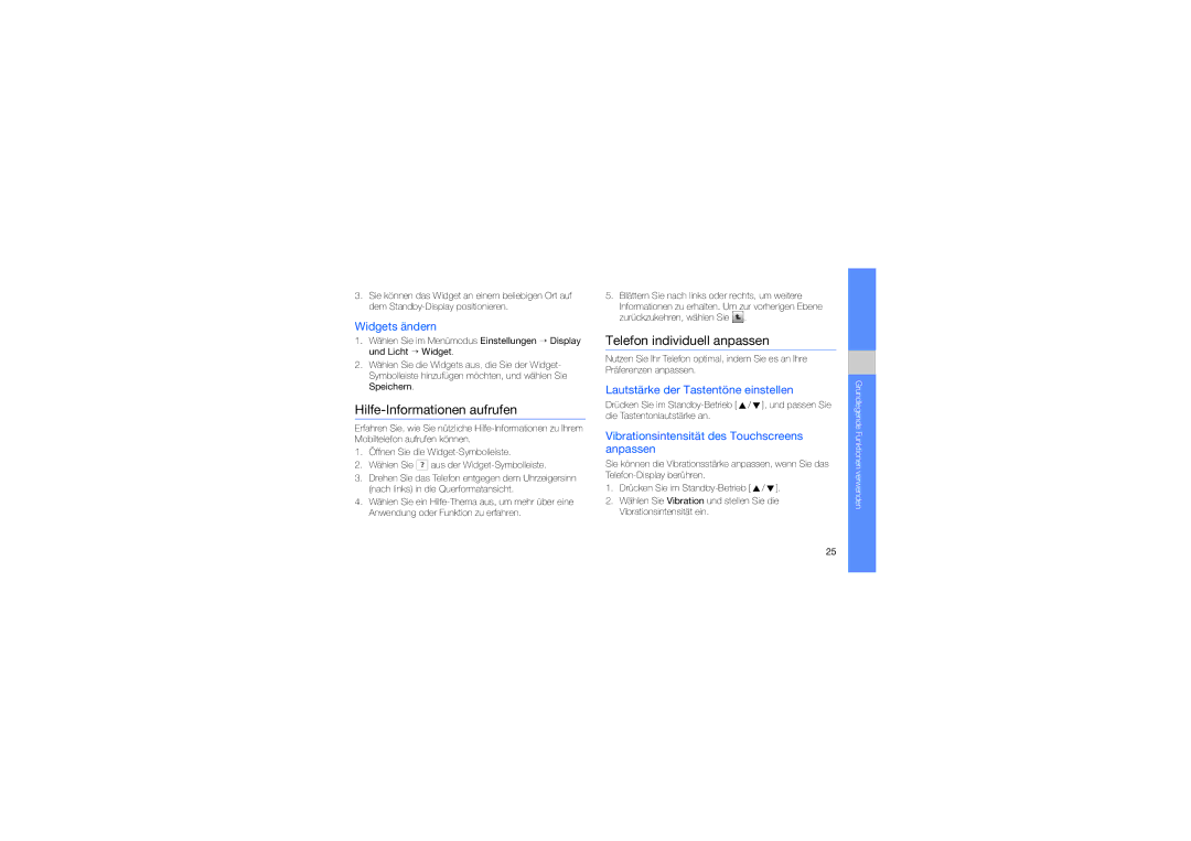 Samsung GT-S5230LKNDBT manual Hilfe-Informationen aufrufen, Telefon individuell anpassen, Widgets ändern 