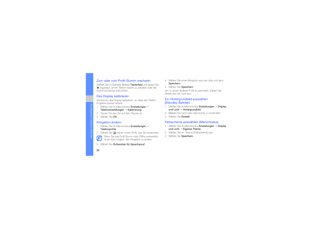 Samsung GT-S5230LKNDBT manual Zum oder vom Profil Stumm wechseln, Das Display kalibrieren, Klingelton ändern 
