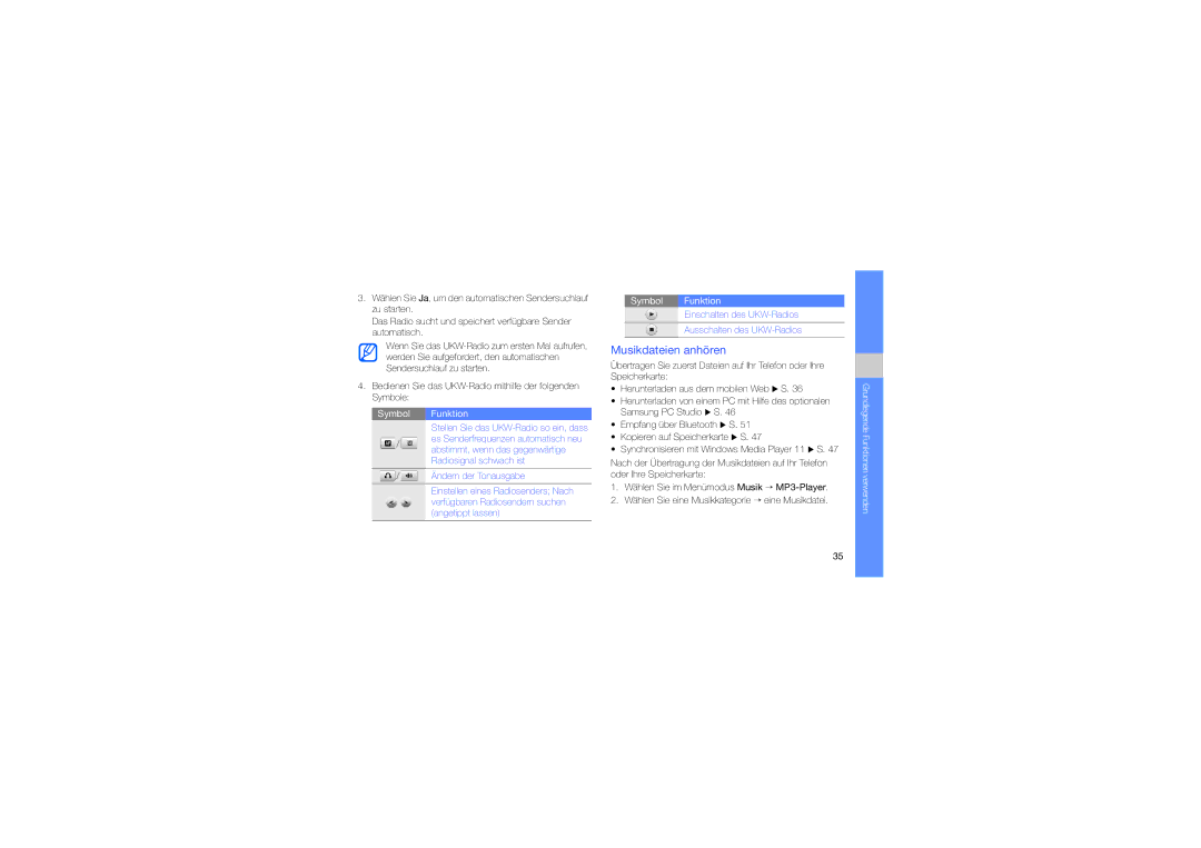 Samsung GT-S5230LKNDBT manual Musikdateien anhören, Einschalten des UKW-Radios Ausschalten des UKW-Radios 